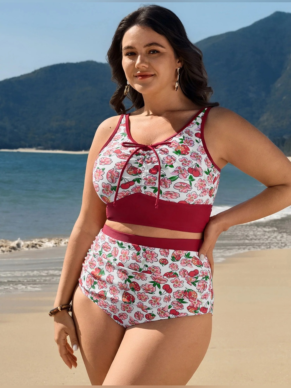 BloomChic Red Floral High-Waist Bikini Set